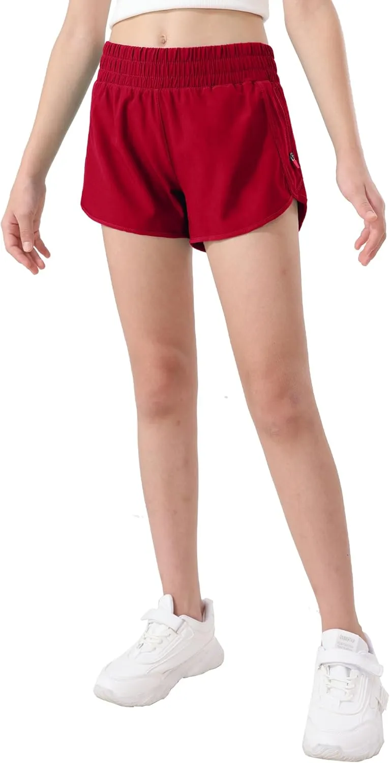Aurefin Girls Athletic Shorts, Teen Kids Quick Dry Running Shorts with Zip Pocket Lightweight Track Workout Active shorts