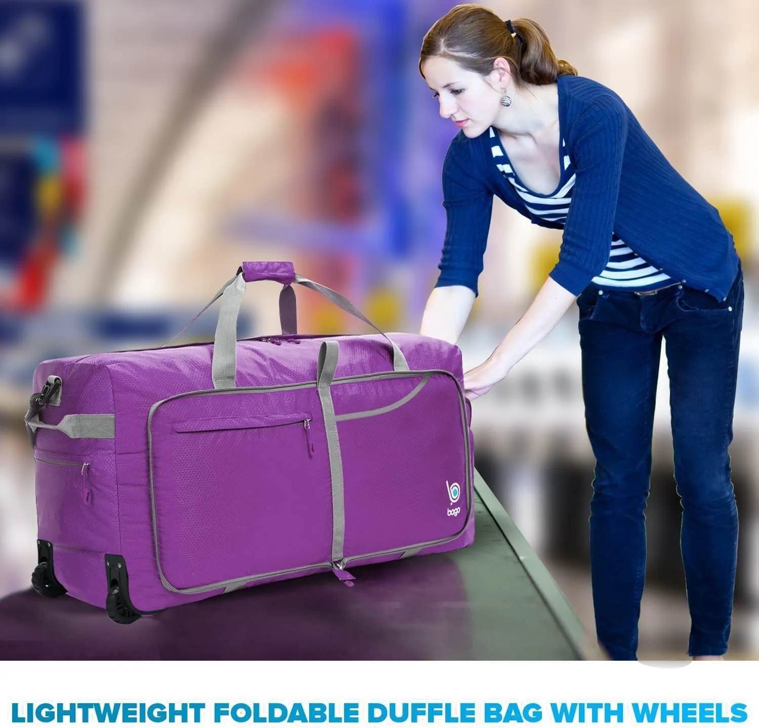Bago Rolling Duffle Bag with Wheels - 27" 80L Foldable Weekender Bag, Waterproof Travel Duffel Bag, Heavy Duty lightWeight Duffle Bag for Traveling, Rolling Duffel Bag with Wheels (Purple2023)