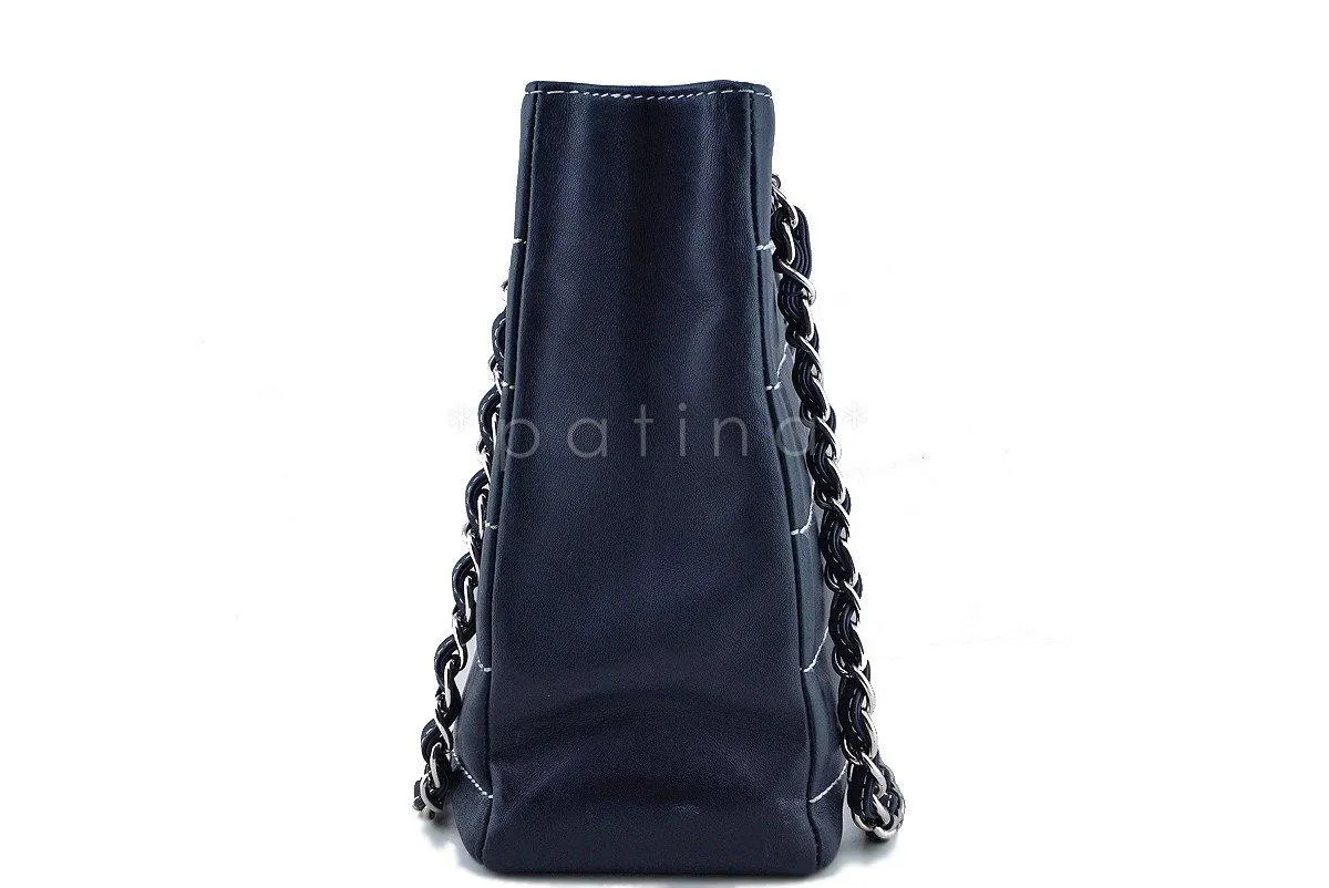 Chanel Navy Blue-Black Contrast Stitch Quilted Shopper Tote Bag