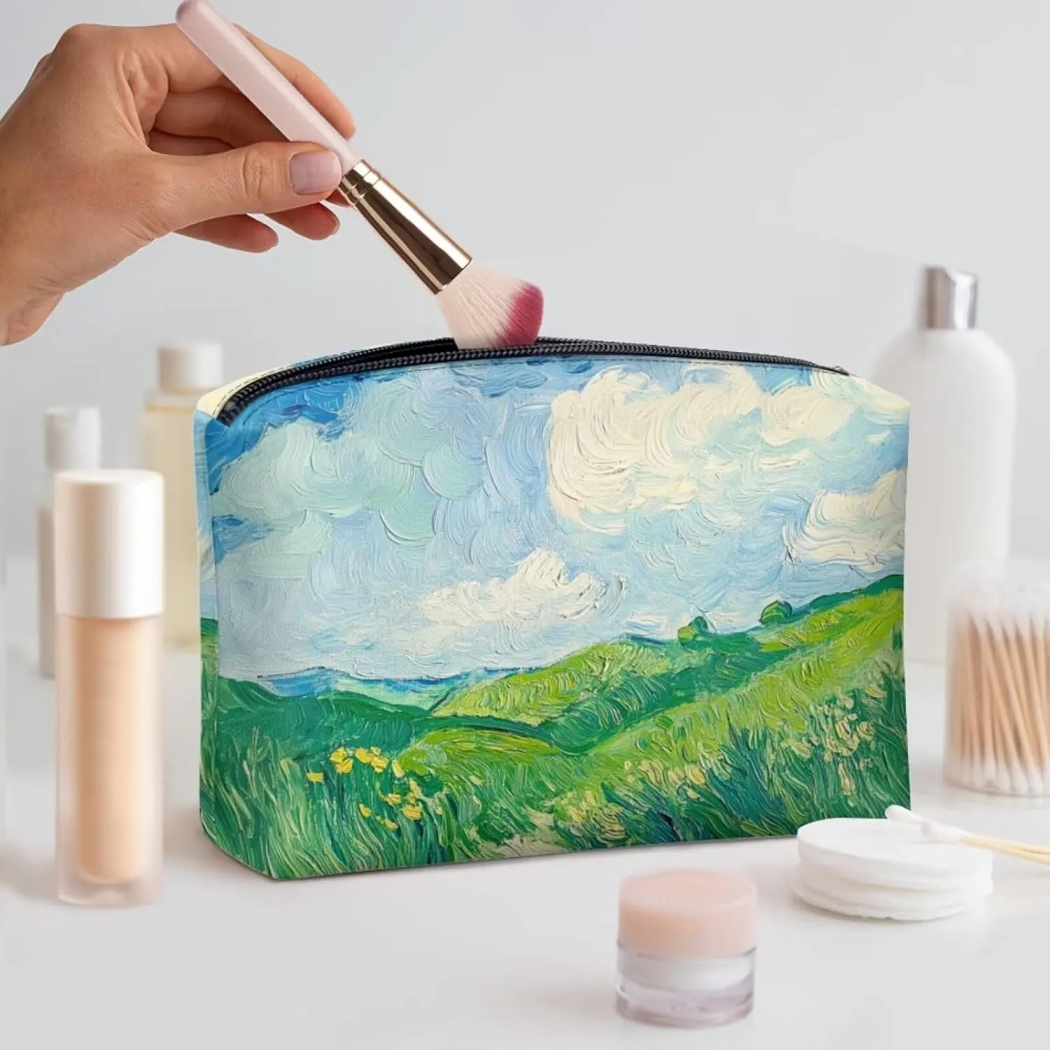 COEQINE Leather Cosmetic Purses for Women Casual Makeup Organizer Stoage Art Wheat Field Art Print Makeup Travel Bag Small Lipstic Pouch With Zipper for Travel Work Office Party Purse for Ladie