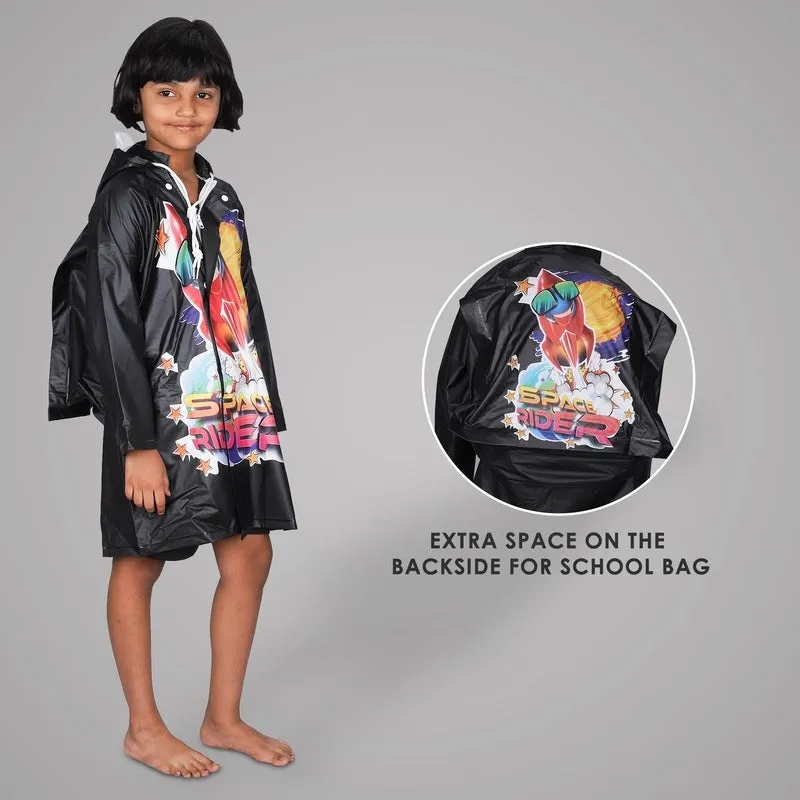Kids Waterproof PVC Longcoat with Adjustable Hood | Includes Plastic Pouch | Size: 3-4 Years | Color: Black