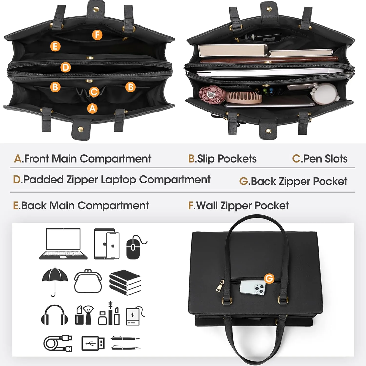 Laptop Bag for Women 15.6 inch Laptop Tote Bag Waterproof Leather Computer Bag Large Lightweight Briefcase Professional Business Office Work Bag Black
