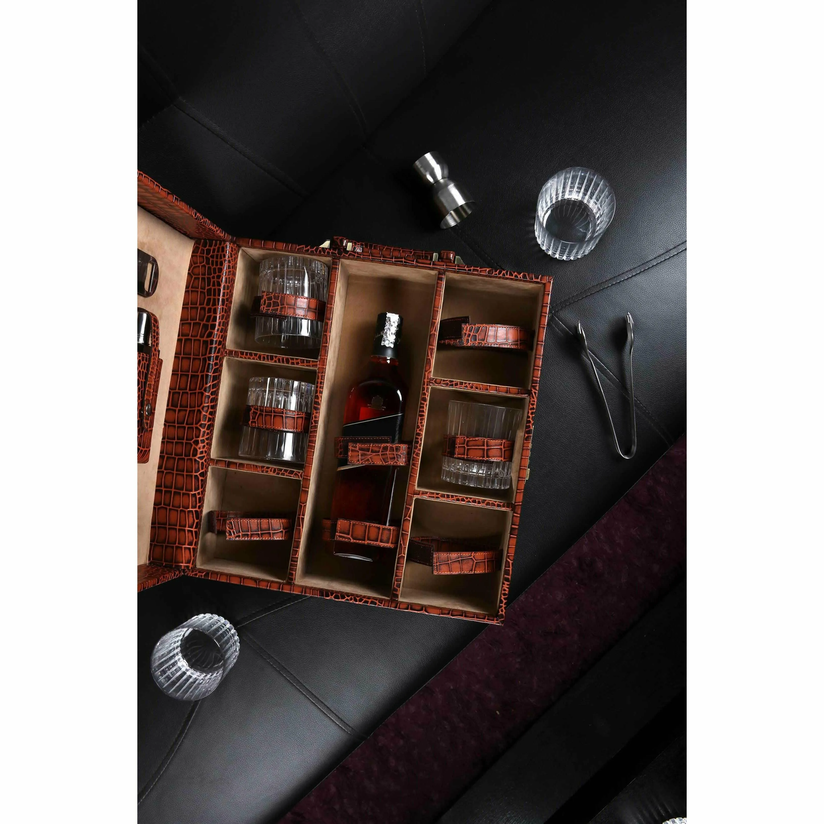 Luxury Corporate Diwali Gift | Briefcase Portable Bar Box | Premium Diwali Gift | Portable Bar Tools Set - Brown Leather
