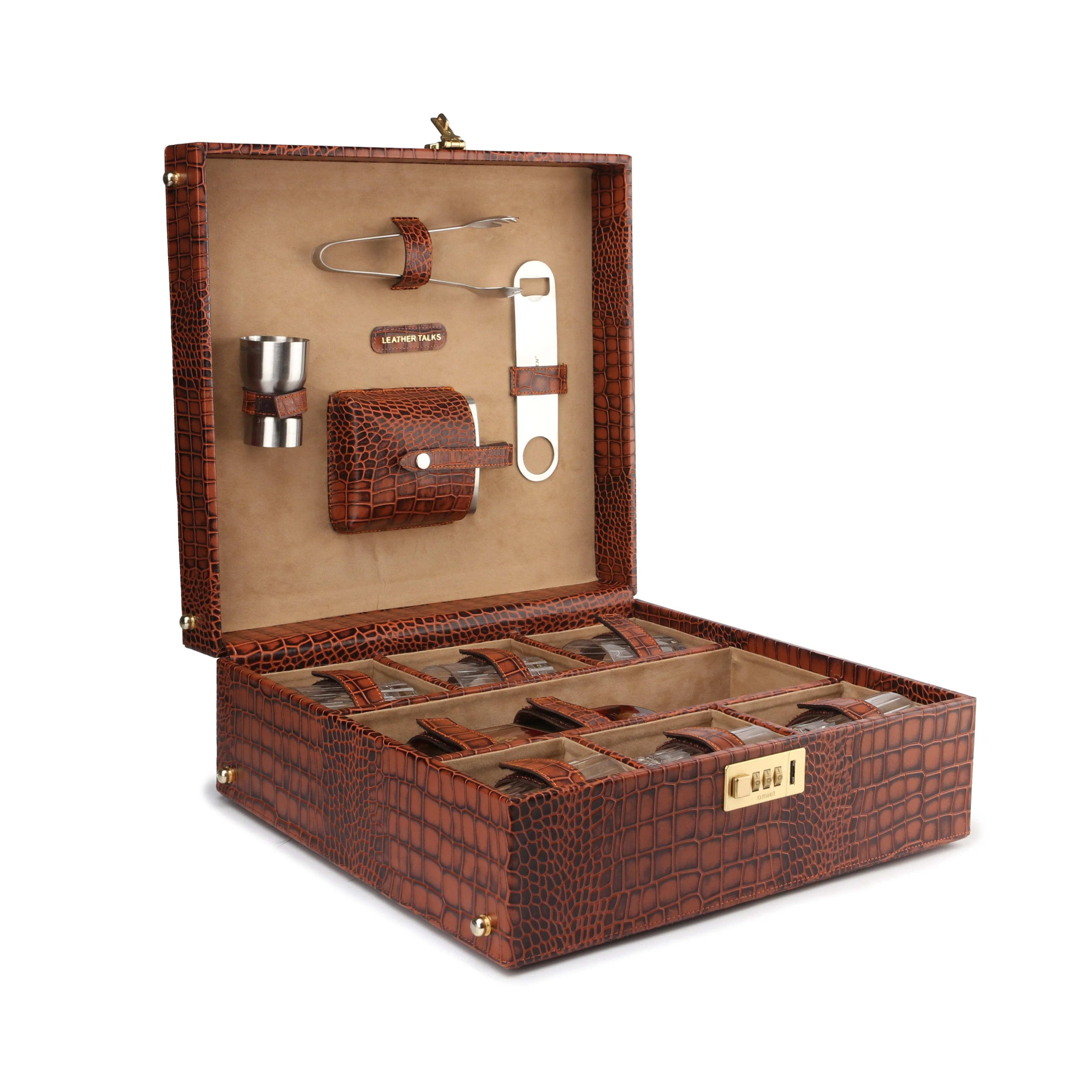 Luxury Corporate Diwali Gift | Briefcase Portable Bar Box | Premium Diwali Gift | Portable Bar Tools Set - Brown Leather