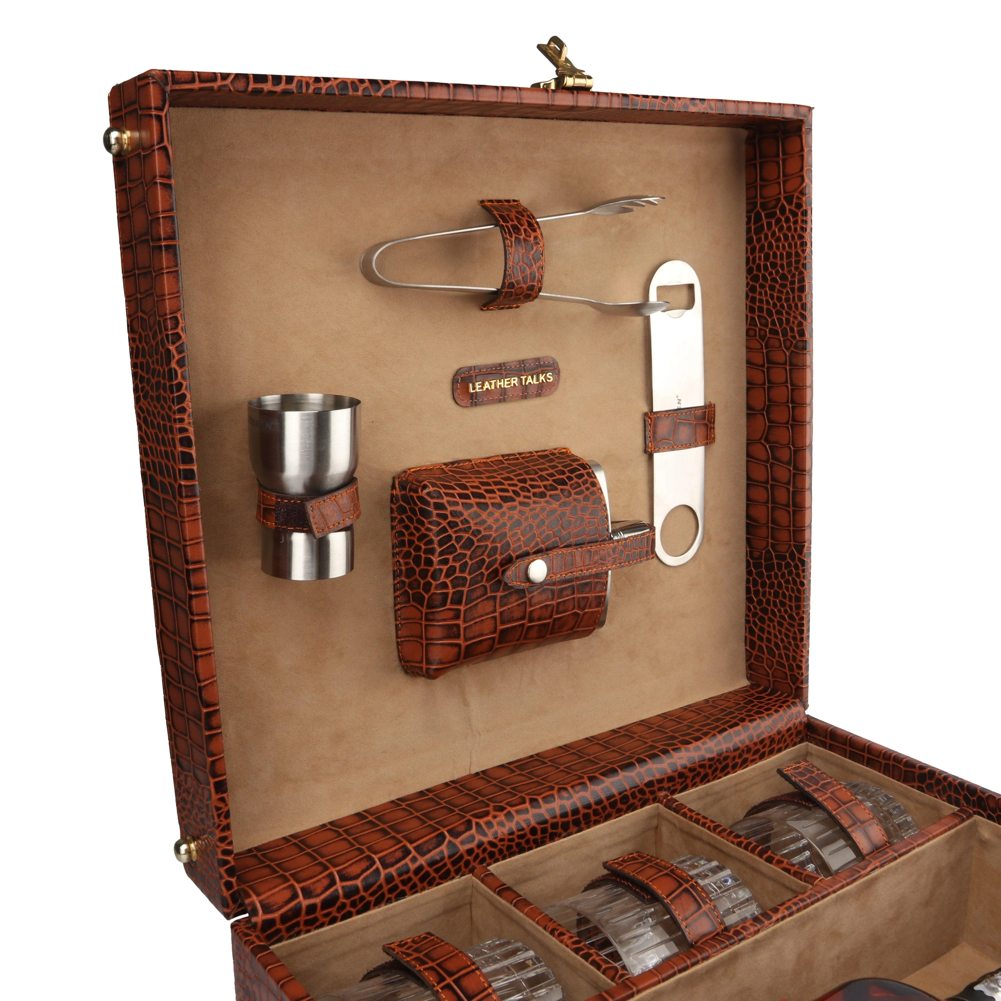 Luxury Corporate Diwali Gift | Briefcase Portable Bar Box | Premium Diwali Gift | Portable Bar Tools Set - Brown Leather