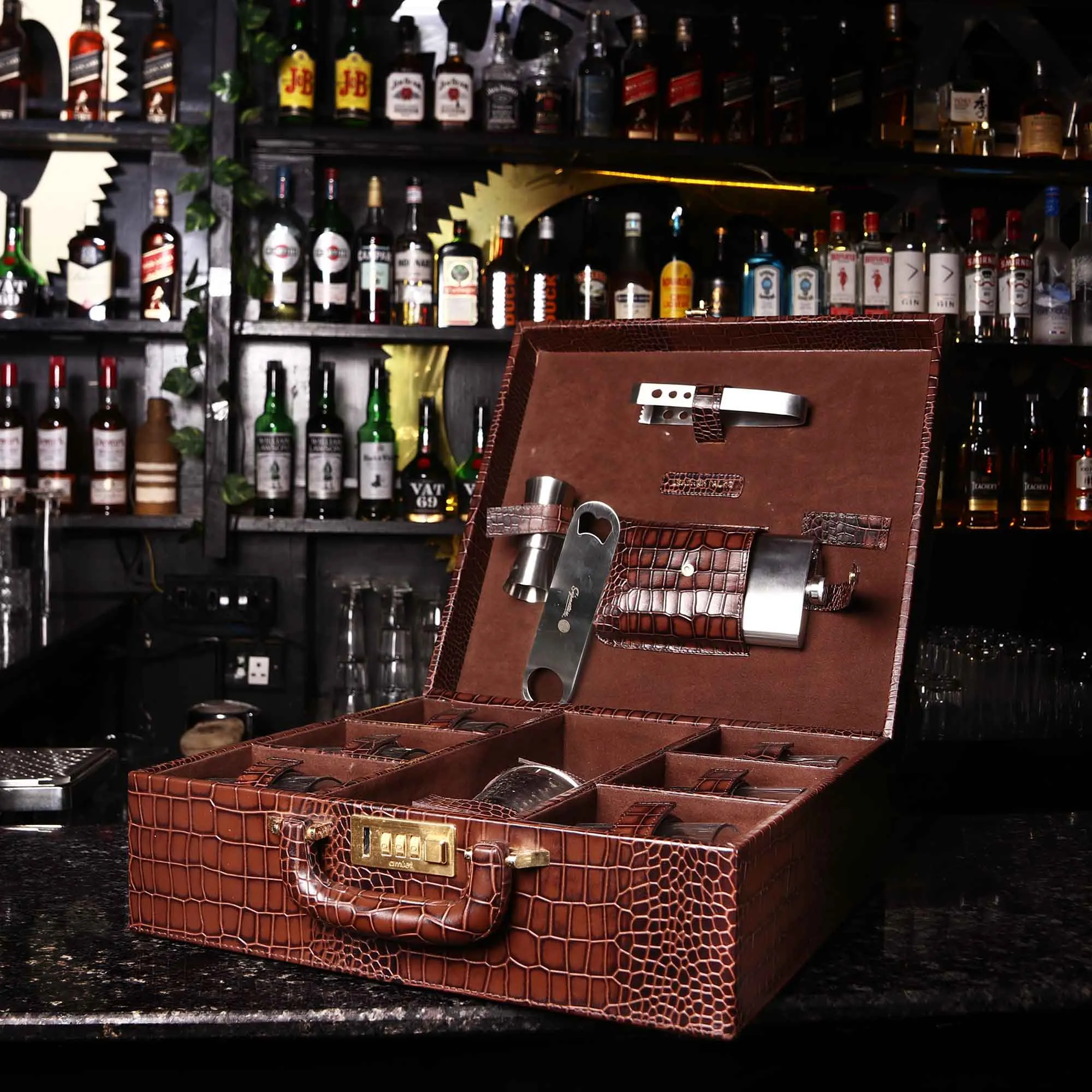 Luxury Corporate Diwali Gift | Briefcase Portable Bar Box | Premium Diwali Gift | Portable Bar Tools Set - Brown Leather