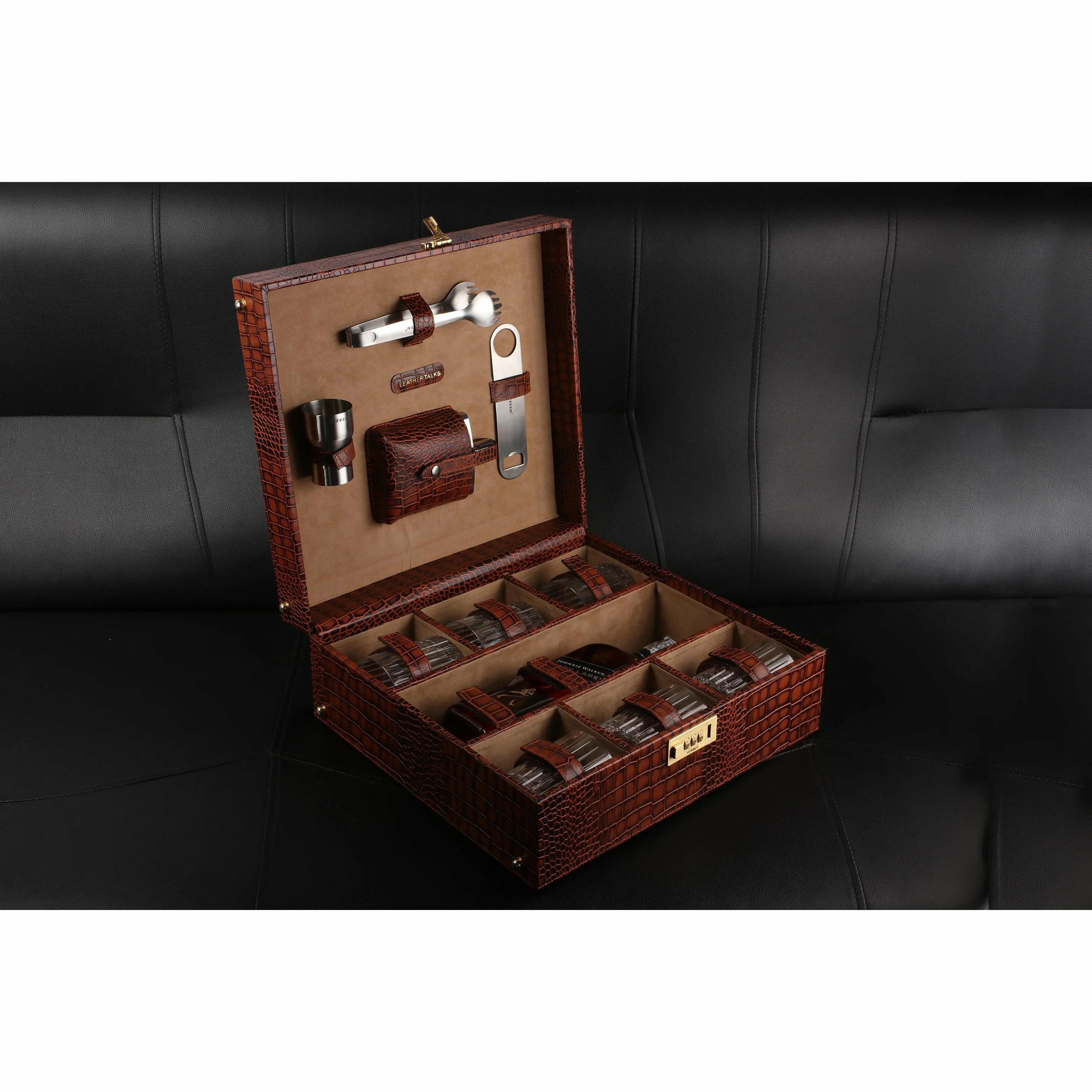Luxury Corporate Diwali Gift | Briefcase Portable Bar Box | Premium Diwali Gift | Portable Bar Tools Set - Brown Leather