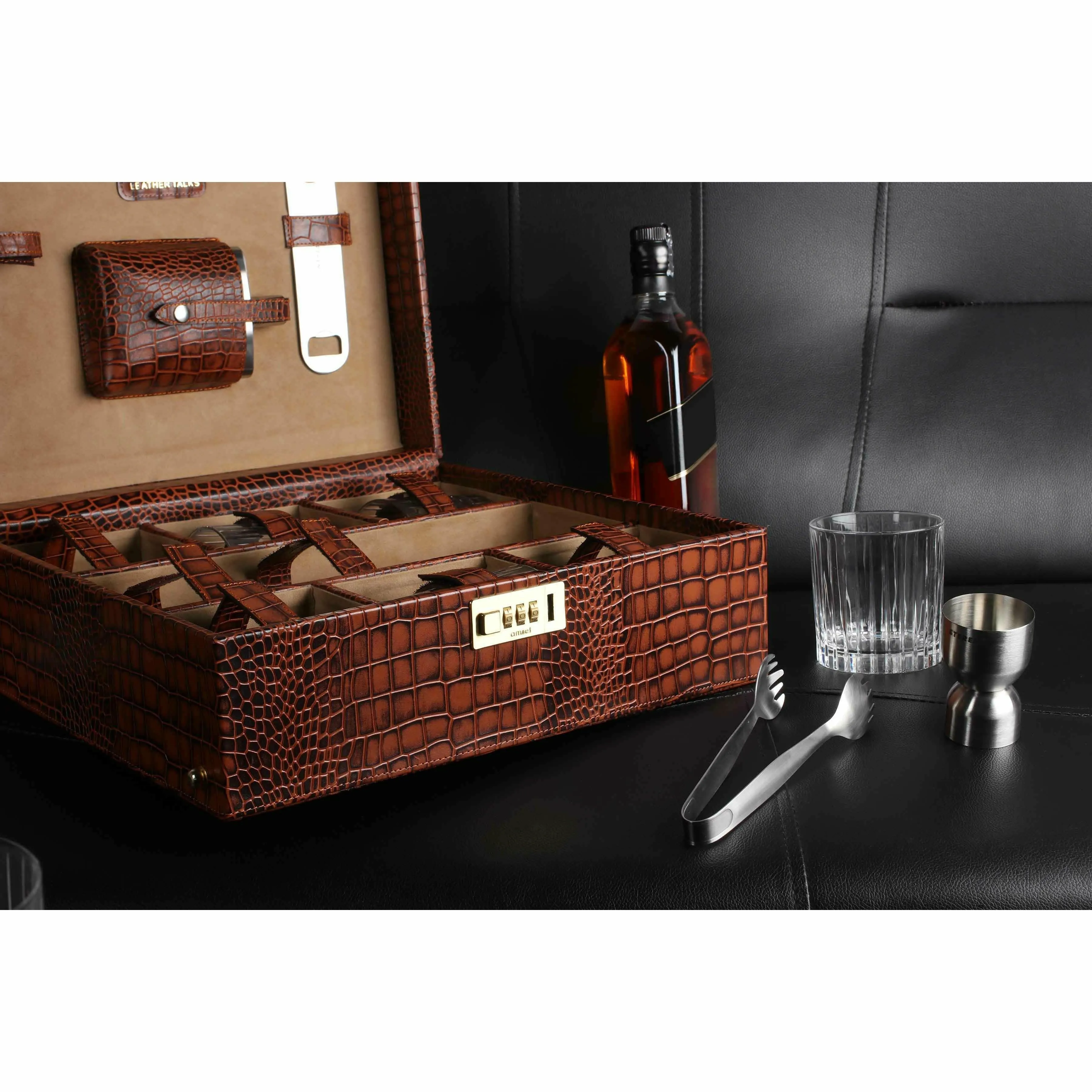 Luxury Corporate Diwali Gift | Briefcase Portable Bar Box | Premium Diwali Gift | Portable Bar Tools Set - Brown Leather