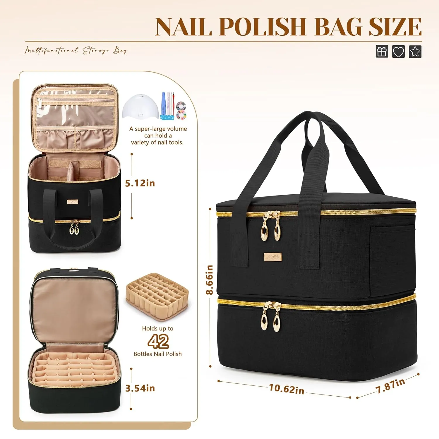 Nail Polish Organizer, Double Layer Nail Organizer and Storage Box Holds 42 Bottles & Nail Tech Kit Supplies, Large Capacity Nail Polish Organizer Case Carrying Bag, Black, BM007