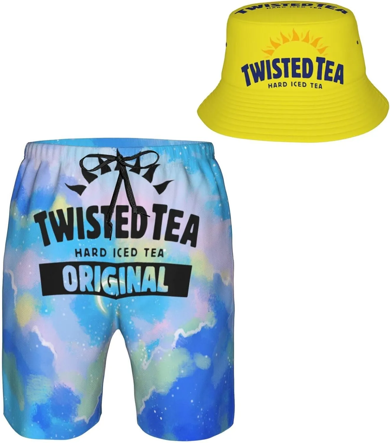 T-Wisted T-Ea Men'S Beach Combo: Packable Bucket Hat&Quick Dry Shorts¨CTrendy Print Fisherman Cap & Drawstring Swim Trunks