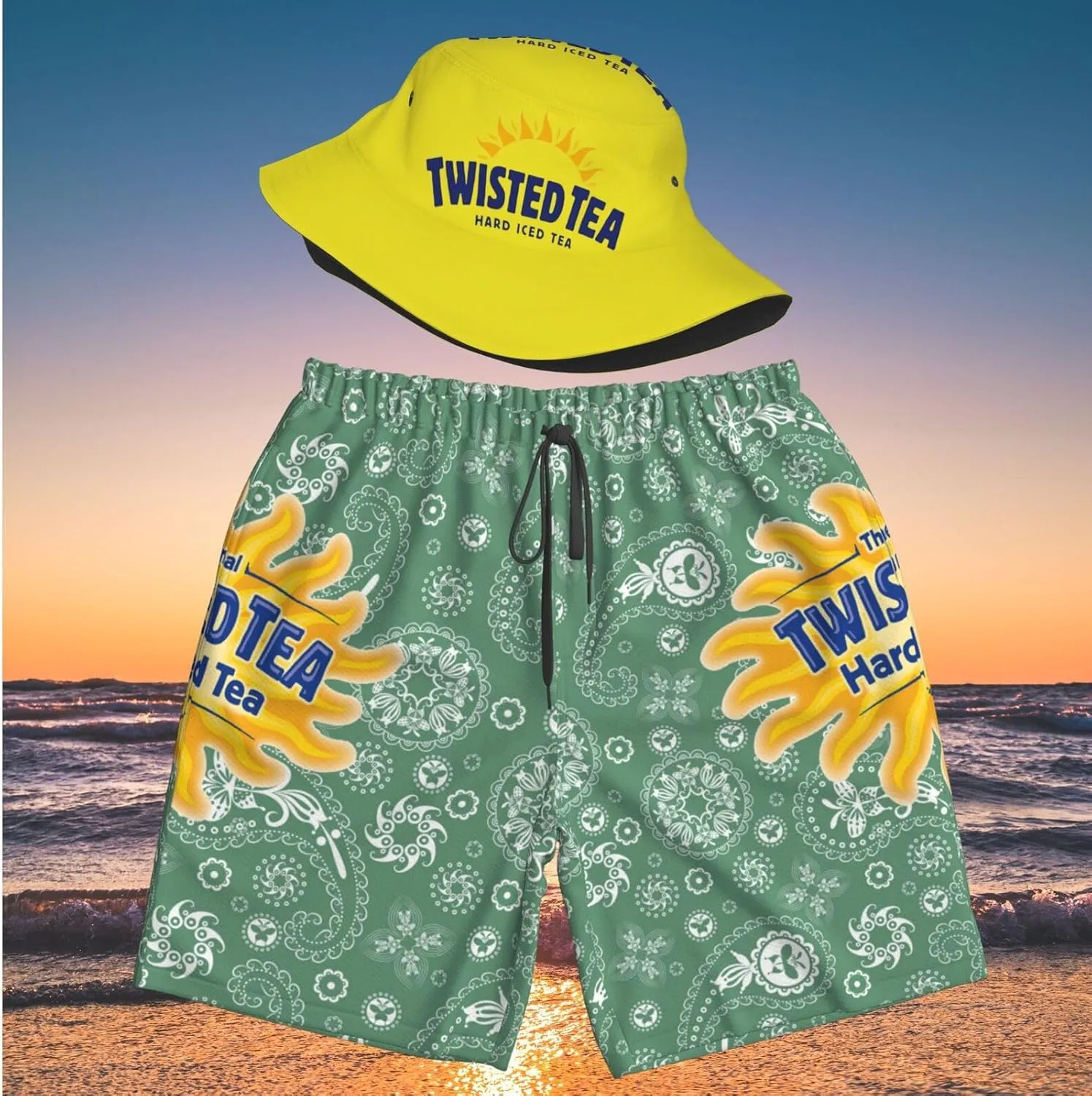 T-Wisted T-Ea Men'S Beach Combo: Packable Bucket Hat&Quick Dry Shorts¨CTrendy Print Fisherman Cap & Drawstring Swim Trunks