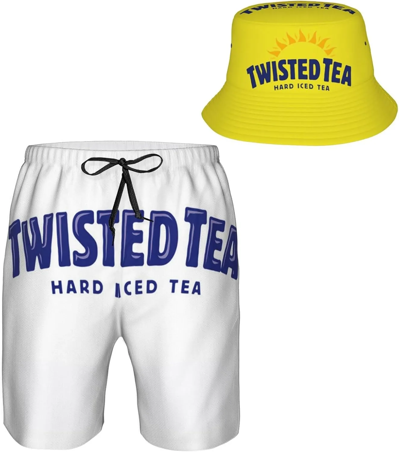 T-Wisted T-Ea Men's Beach Combo: Packable Bucket Hat&Quick Dry Shorts¨CTrendy Print Fisherman Cap & Drawstring Swim Trunks