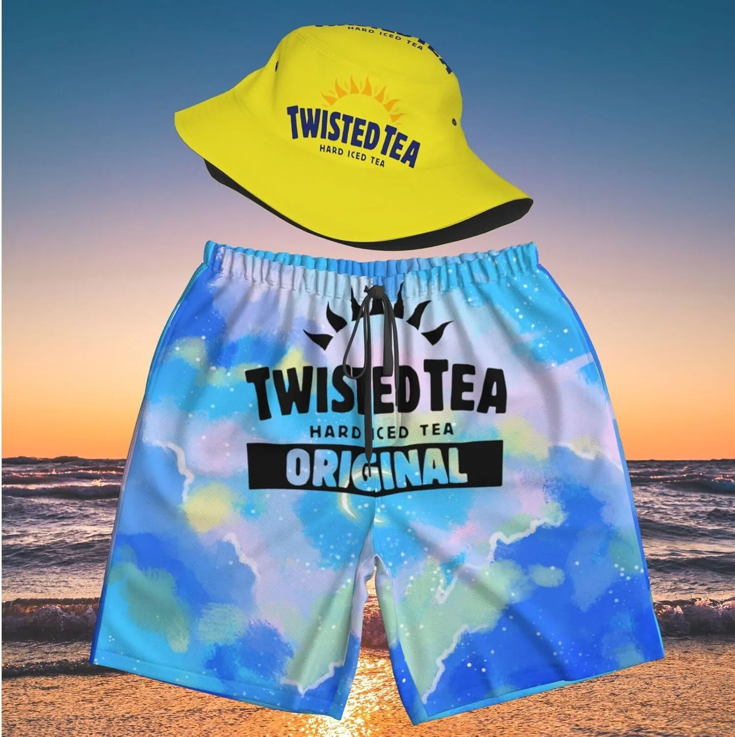 T-Wisted T-Ea Men'S Beach Combo: Packable Bucket Hat&Quick Dry Shorts¨CTrendy Print Fisherman Cap & Drawstring Swim Trunks