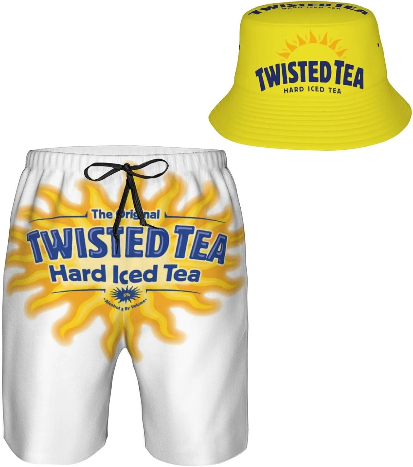 T-Wisted T-Ea Men's Beach Combo: Packable Bucket Hat&Quick Dry Shorts¨CTrendy Print Fisherman Cap & Drawstring Swim Trunks