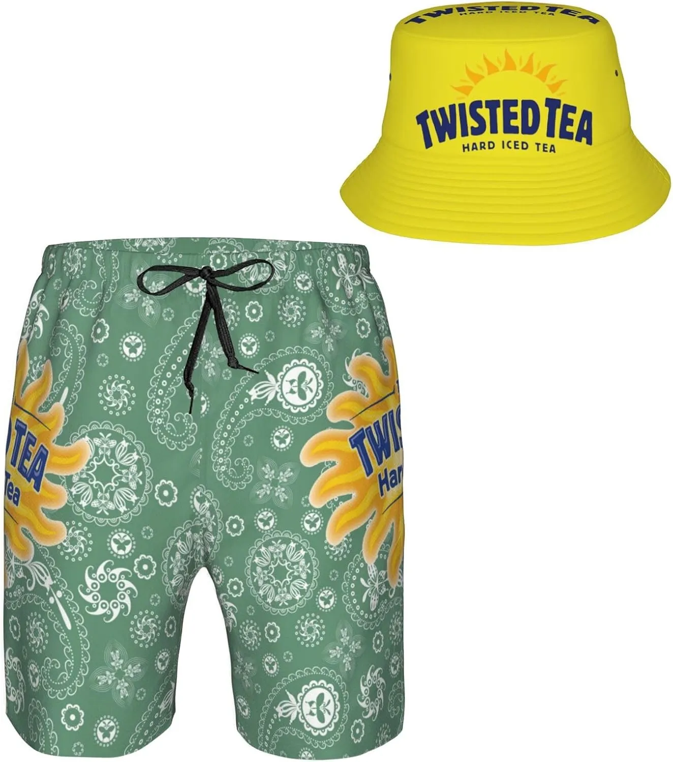T-Wisted T-Ea Men'S Beach Combo: Packable Bucket Hat&Quick Dry Shorts¨CTrendy Print Fisherman Cap & Drawstring Swim Trunks