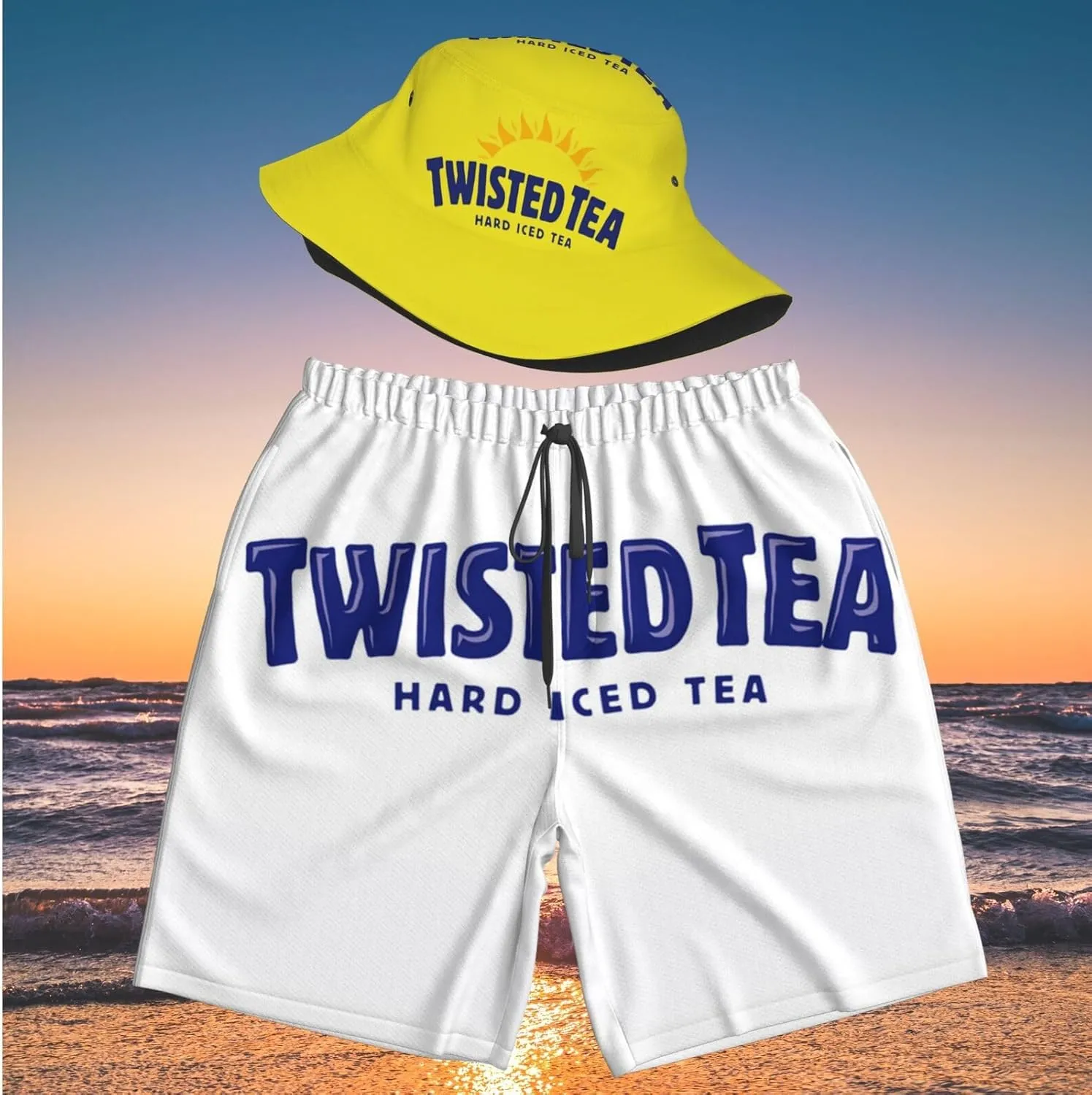 T-Wisted T-Ea Men's Beach Combo: Packable Bucket Hat&Quick Dry Shorts¨CTrendy Print Fisherman Cap & Drawstring Swim Trunks