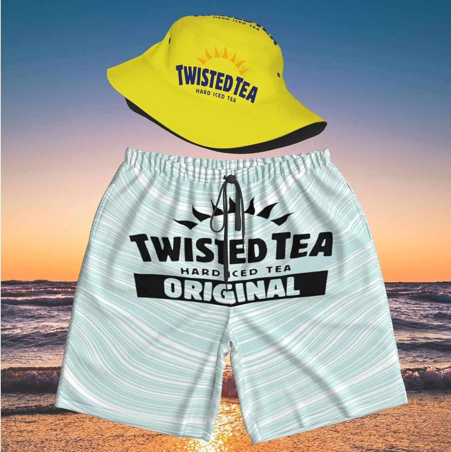 T-Wisted T-Ea Men's Beach Combo: Packable Bucket Hat&Quick Dry Shorts¨CTrendy Print Fisherman Cap & Drawstring Swim Trunks
