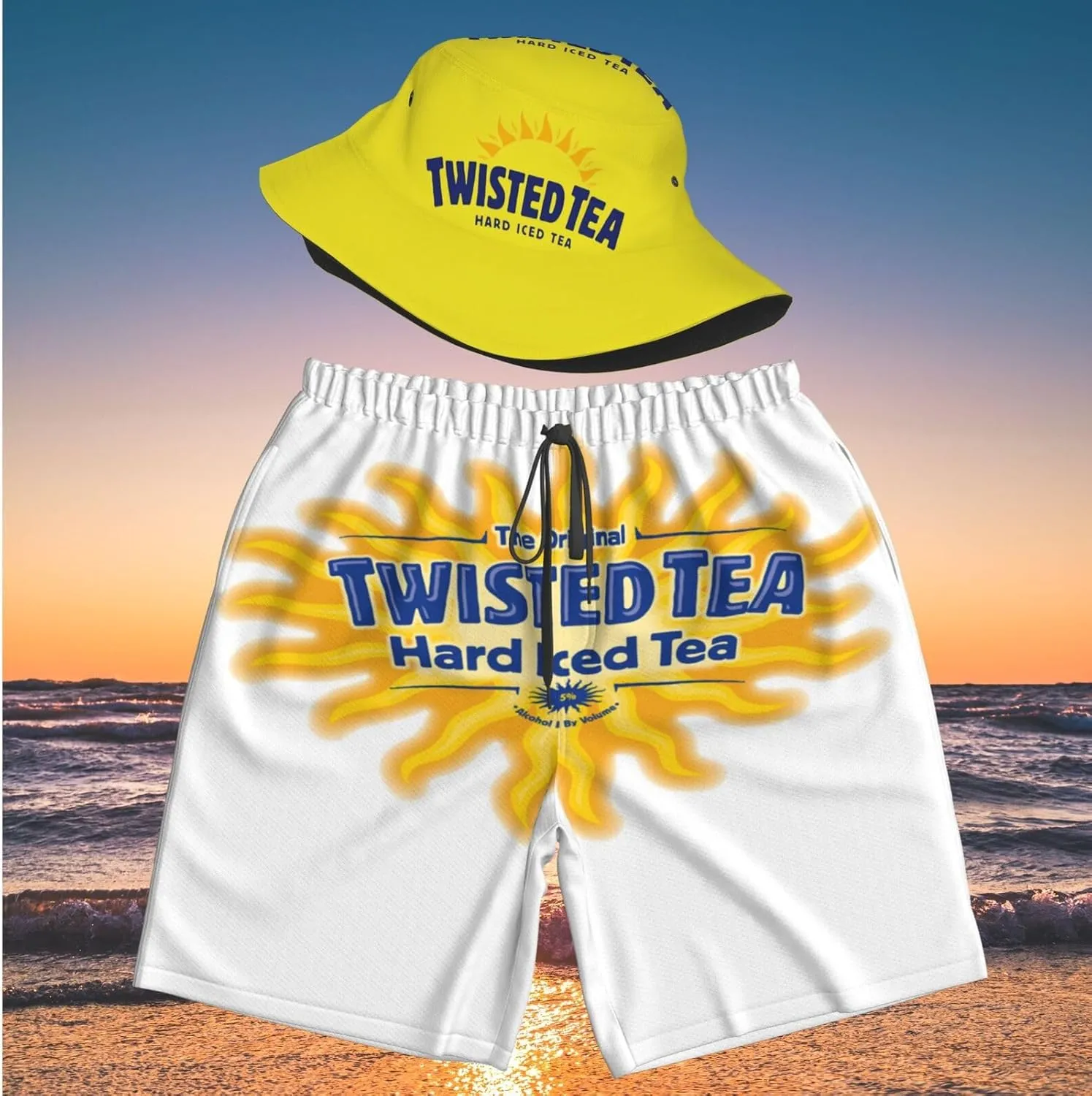 T-Wisted T-Ea Men's Beach Combo: Packable Bucket Hat&Quick Dry Shorts¨CTrendy Print Fisherman Cap & Drawstring Swim Trunks