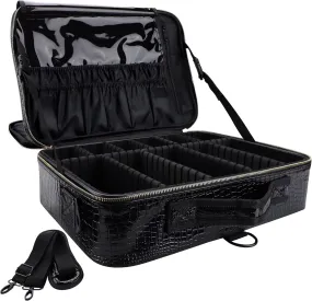 Travel Makeup Case, PU Leather Professional Large Makeup Bag Organizer with Shoulder Strap（L-Black Crocodile）