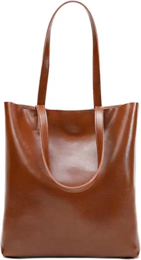 Vintage Large Capacity Waxed Cowhide Vertical Shoulder Tote Bag | Premium Genuine Leather Versatile High-end Handbag