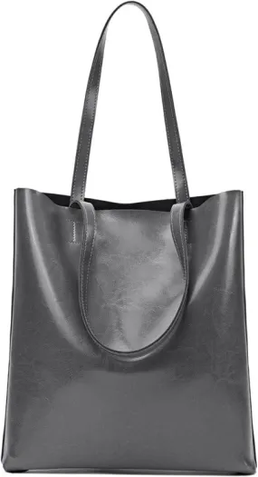 Vintage Large Capacity Waxed Cowhide Vertical Shoulder Tote Bag | Premium Genuine Leather Versatile High-end Handbag